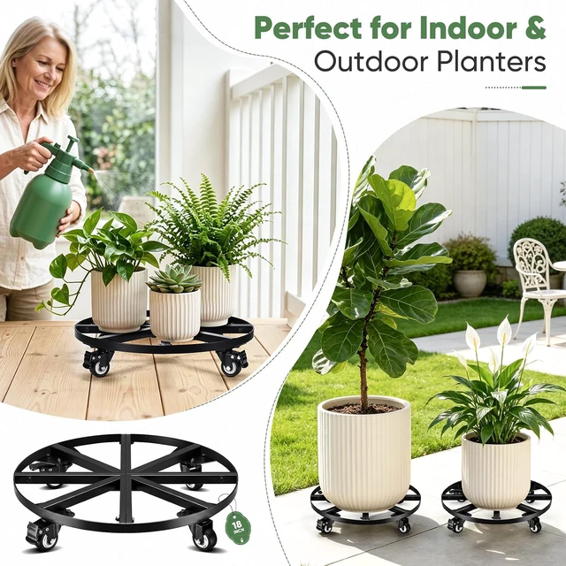 Alt view image 3 of 7 - 18" Round Metal Plant Caddy Rolling Plant Stand with Wheels Heavy Duty