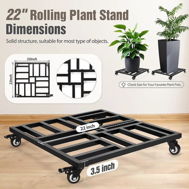 Alt view image 5 of 7 - 22" Plant Caddy with Wheels Heavy Duty, 600lbs Rolling Metal Plant Stand, Square Plant Dolly with Lockable Caster Wheels for Large Planter Pots, Heavy Objects, Ideal for Indoor and Outdoor Use