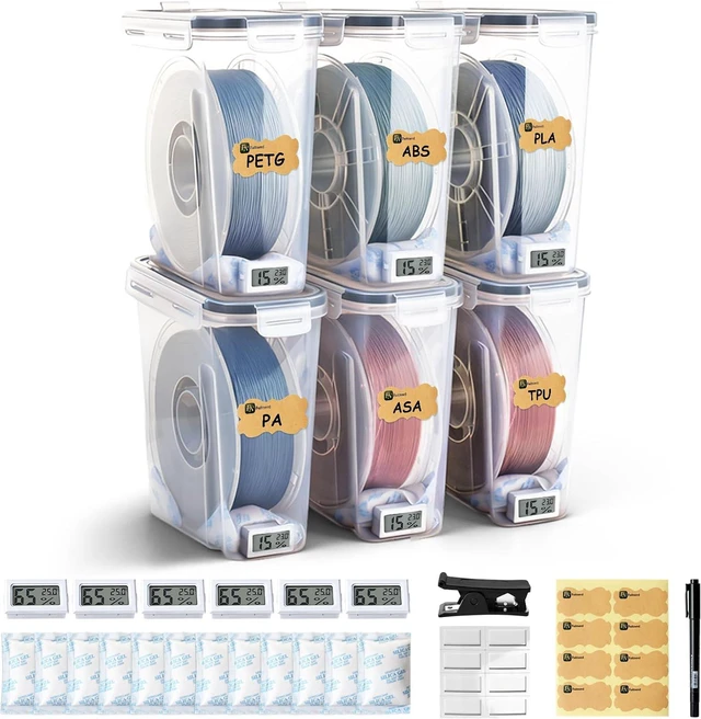 Main image of Filament Storage Box - 6 Pack 4L 3D Printer Filament Containers with 6 Hygrometers, Airtight Dry Boxes for Sealing and Protection, Water-Proof & Dust-Proof, Reusable Desiccant, Tube Cutter