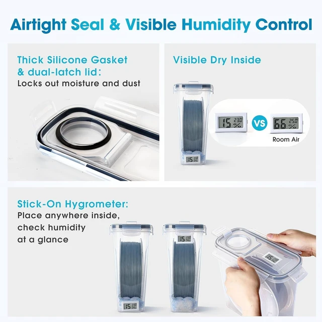Alt view image 3 of 7 - Filament Storage Box - 6 Pack 4L 3D Printer Filament Containers with 6 Hygrometers, Airtight Dry Boxes for Sealing and Protection, Water-Proof & Dust-Proof, Reusable Desiccant, Tube Cutter