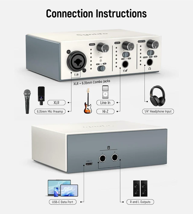 Alt view image 3 of 7 - USB C Audio Interface for Recording Music, Streaming, Podcasting, Silver