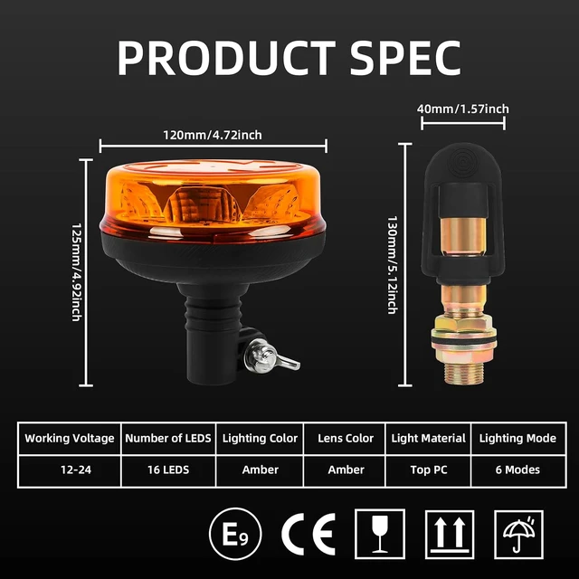 Alt view image 2 of 7 - Amber LED Rotating Beacon Light, Flashing Warning Lights 12-24V