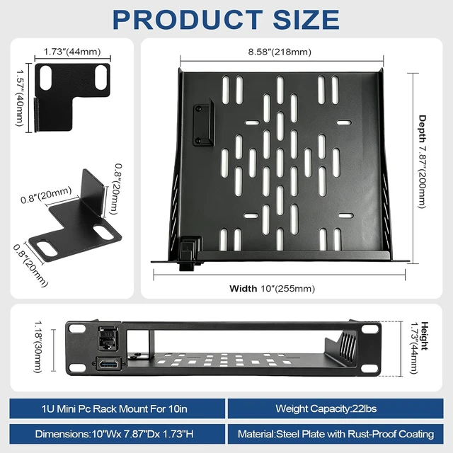 Alt view image 2 of 5 - 2-Pack 10inch 1U Mini PC Rack Mount Shelf Compatible with Micro OptiPlex MFF ThinkCentre HP Desktop Mini with RJ45 CAT6 Port & HDMI Port