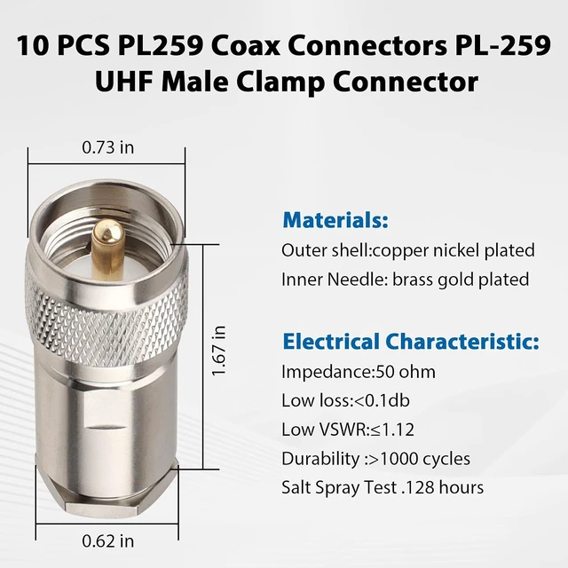 Alt view image 5 of 7 - 10 Pack PL259 Coax Connectors 50 Ohm PL-259 UHF Male Clamp Connector for LMR400 KMR400 RG8 RG8U RG213 Coaxial Cable
