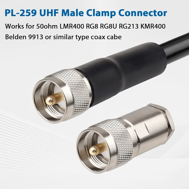 Alt view image 7 of 7 - 10 Pack PL259 Coax Connectors 50 Ohm PL-259 UHF Male Clamp Connector for LMR400 KMR400 RG8 RG8U RG213 Coaxial Cable