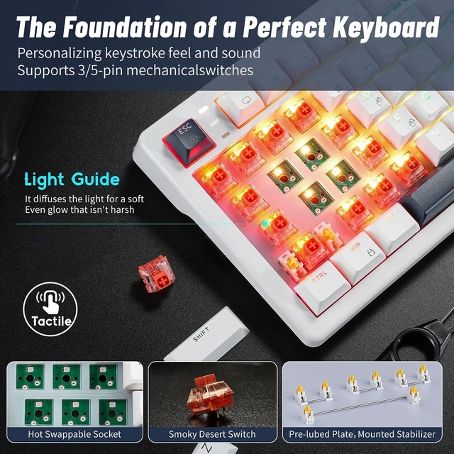 Alt view image 4 of 7 - Wireless Mechanical Keyboard with Knob & Wrist Rest, Hot Swap Gasket Custom Structure, Creamy Pre-lubed Tactile Switches, RGB Backlit, Bluetooth/Type-C/2.4G Gaming Keyboard for Win/Mac (White)
