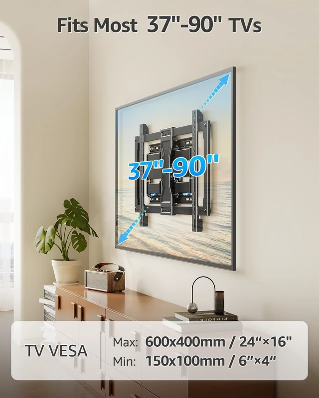 Alt view image 2 of 7 - Ultra Slim TV Wall Mount for Most 37-90 inch TVs, 1.1" Thin Low Profile Full Motion TV Mount Bracket, Dual Swivel Articulating Arms with Tilt, Fits 16" Studs, Max VESA 600x400mm Holds 132lbs