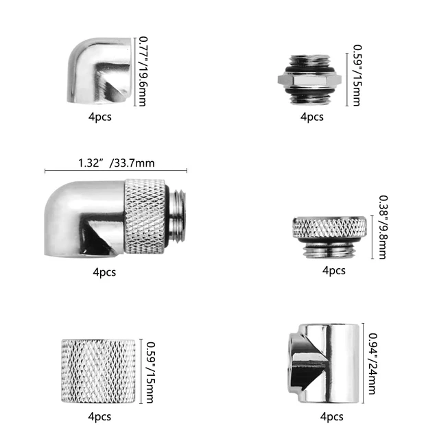 Alt view image 2 of 7 - 24-Piece Silver Chrome G1/4" Fittings Kit for Custom PC Water Cooling Systems (Silver)