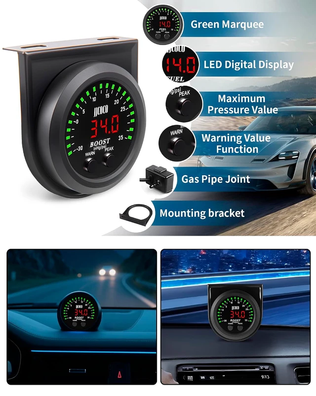 Alt view image 2 of 7 - 35PSI Turbo Boost/Vacuum Gauge LED Digital Display Kit with 1/8NPT Electronic Pressure Sensor & Mounting Bracket for Car&Truck ATV 2-1/16" 52mm