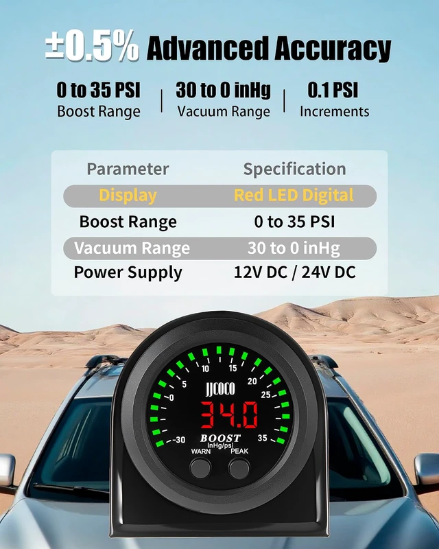 Alt view image 3 of 7 - 35PSI Turbo Boost/Vacuum Gauge LED Digital Display Kit with 1/8NPT Electronic Pressure Sensor & Mounting Bracket for Car&Truck ATV 2-1/16" 52mm