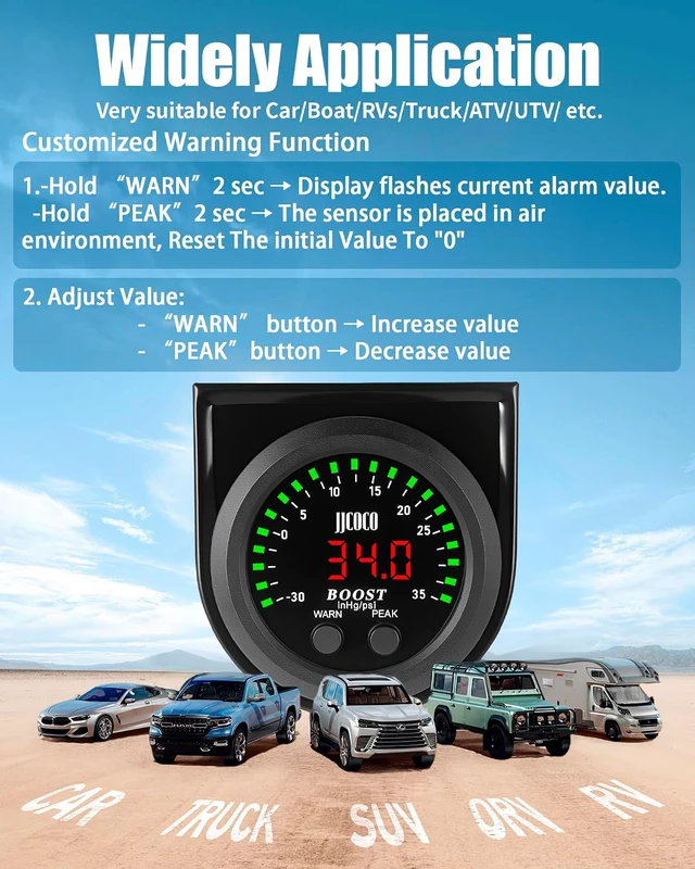 Alt view image 4 of 7 - 35PSI Turbo Boost/Vacuum Gauge LED Digital Display Kit with 1/8NPT Electronic Pressure Sensor & Mounting Bracket for Car&Truck ATV 2-1/16" 52mm
