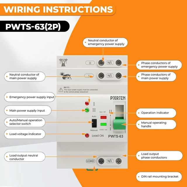 Alt view image 2 of 7 - Automatic Transfer Switch ATS 2P/4P 63A Dual Power Electrical Selector Switch for Generator Home Backup Uninterruptible Power Supply(2P 220V)