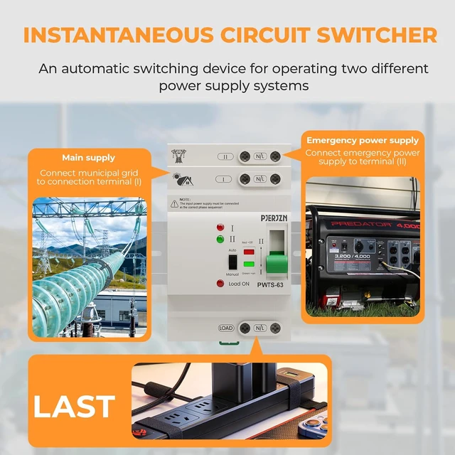 Alt view image 5 of 7 - Automatic Transfer Switch ATS 2P/4P 63A Dual Power Electrical Selector Switch for Generator Home Backup Uninterruptible Power Supply(2P 220V)