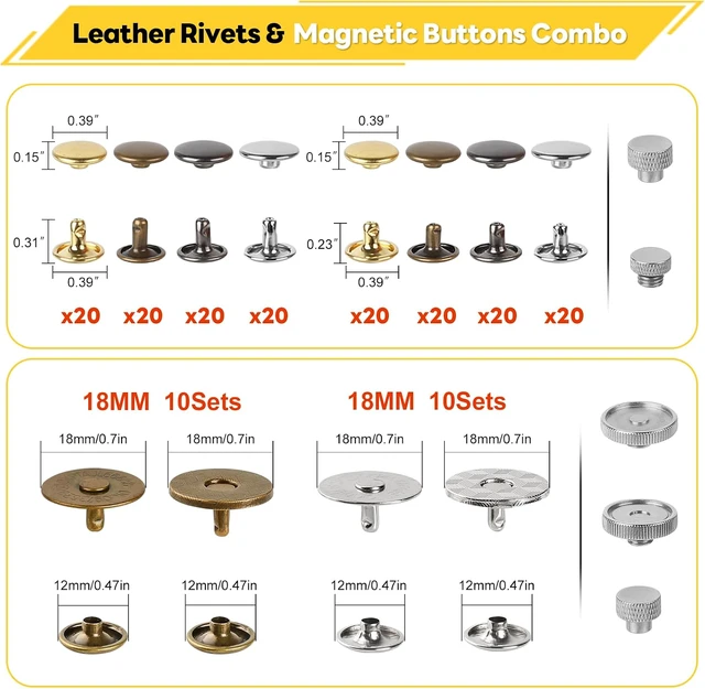 Alt view image 5 of 7 - 160 Set Leather Rivets & 20 Set Magnetic Snap Kit with Installation Plier