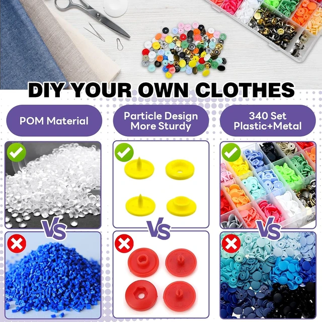 Alt view image 2 of 7 - 2-in-1 Snap Button Kit - 340Sets Snap Buttons with Fasteners Kit - 300Sets T5(12mm) No-Sew Plastic Snaps + 40Sets 12.5mm Metal Leather Snaps for DIY Sewing, Crafting, Leather, Fabric, Baby Clothes