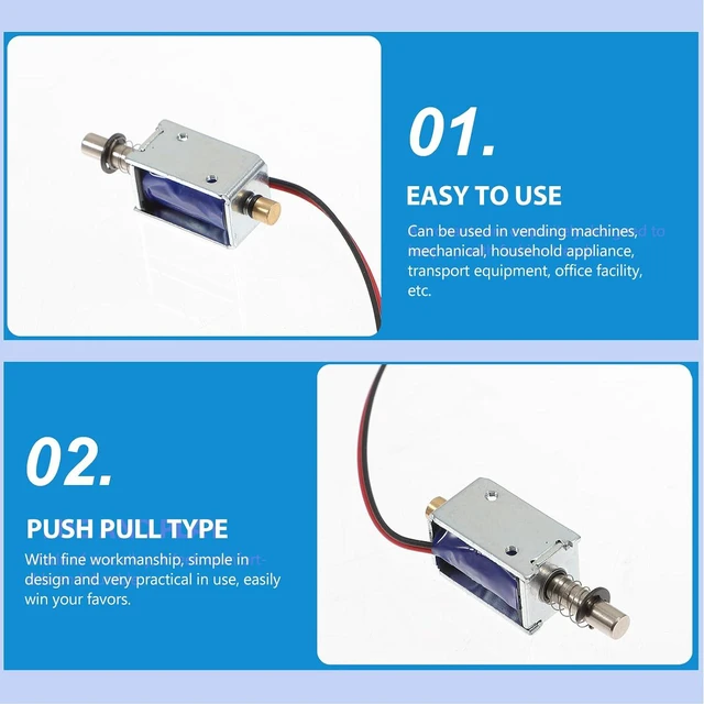 Alt view image 4 of 7 - 9-Pack Solenoid Electromagnet Mini Push Pull Type Open Frame Linear Motion Actuator Dc Magnetic Solenoid for Vending Machines Mechanical Appliances Office Equipment 1.45 X 0.51 X 1.29 in