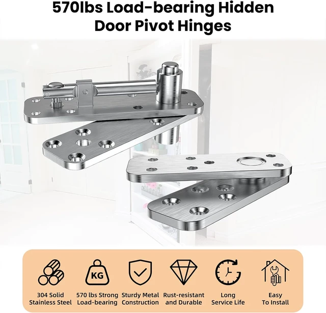 Alt view image 2 of 7 - Hidden Door Hinge Pivot Hinge, 570LBS Load-Bearing Heavy Duty Pivot Door Hardware for Hidden Door Bookcase, Hinge Kit 360° Rotation Invisible Door Hinges for Secret Door (Silver)