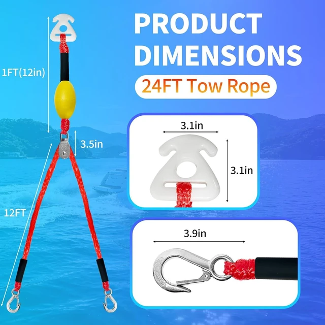 Alt view image 2 of 5 - Heavy Duty Boat Tow Harness for Tubing, Self Centering Tow Harness, 360° Rotating Pulley & Large Hooks Floating Tube Rope for Pontoon, Ski, Wakeboard 12/16/24ft (Red/Yellow-Black Dot)