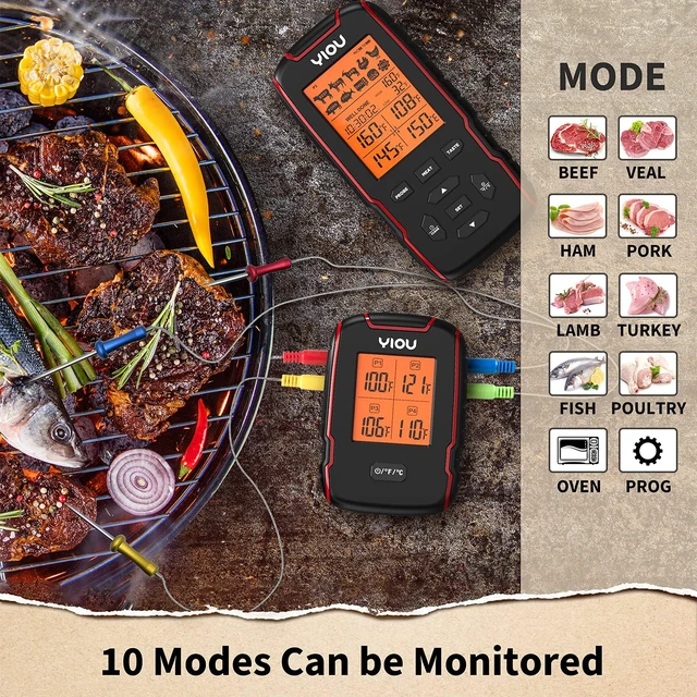 Alt view image 5 of 7 - Wireless Meat Thermometer for Cooking, Digital Meat Thermometer with 4 Probes, 500FT Ultra Accurate & Fast Food Thermometer for Oven, Smoker, Red