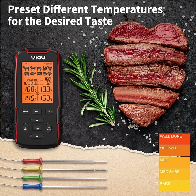 Alt view image 4 of 7 - Wireless Meat Thermometer for Cooking, Digital Meat Thermometer with 4 Probes, 500FT Ultra Accurate & Fast Food Thermometer for Oven, Smoker, Red