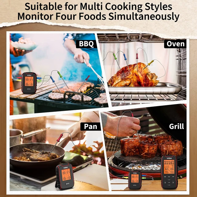 Alt view image 7 of 7 - Wireless Meat Thermometer for Cooking, Digital Meat Thermometer with 4 Probes, 500FT Ultra Accurate & Fast Food Thermometer for Oven, Smoker, Red