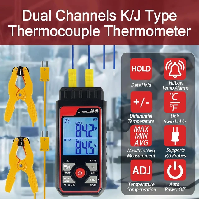 Alt view image 2 of 7 - Digital K Type Thermocouple Thermometer (-328~2500), Dual Channels Thermometer with 2 HVAC Temperature Clamps & 2 Wired Thermocouple Probes, LED Backlight & ADJ Compensation Temperature Meter Tester