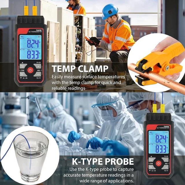 Alt view image 3 of 7 - Digital K Type Thermocouple Thermometer (-328~2500), Dual Channels Thermometer with 2 HVAC Temperature Clamps & 2 Wired Thermocouple Probes, LED Backlight & ADJ Compensation Temperature Meter Tester