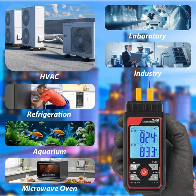 Alt view image 6 of 7 - Digital K Type Thermocouple Thermometer (-328~2500), Dual Channels Thermometer with 2 HVAC Temperature Clamps & 2 Wired Thermocouple Probes, LED Backlight & ADJ Compensation Temperature Meter Tester