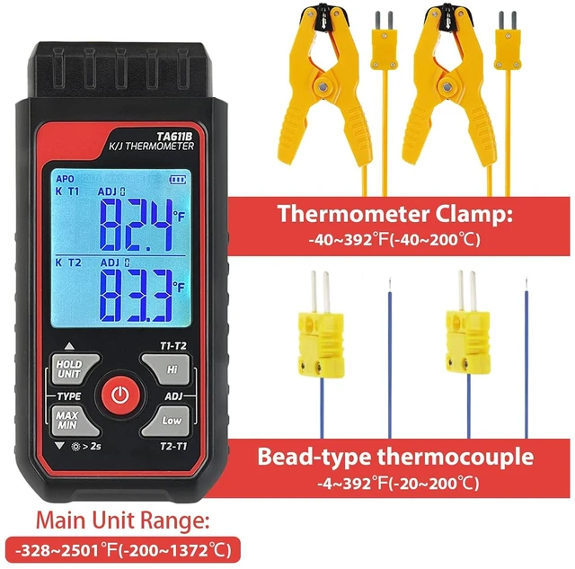 Alt view image 7 of 7 - Digital K Type Thermocouple Thermometer (-328~2500), Dual Channels Thermometer with 2 HVAC Temperature Clamps & 2 Wired Thermocouple Probes, LED Backlight & ADJ Compensation Temperature Meter Tester