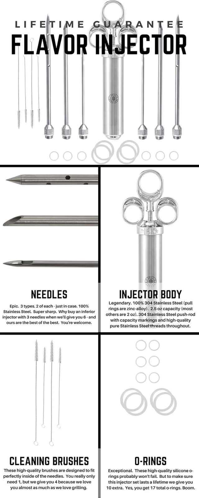 Alt view image 2 of 7 - Professional Meat Injector, Marinade Syringe Set, Forever Guarantee, Zippered Storage & Travel Case, 304 Stainless Steel, No Aluminum, 6 Needles, 2.5 oz Capacity, 4 Cleaning Brushes