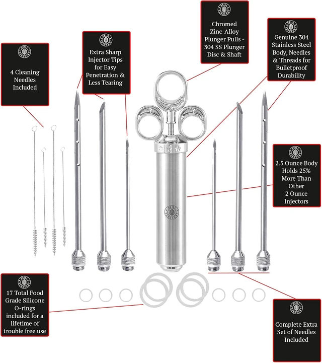 Alt view image 5 of 7 - Professional Meat Injector, Marinade Syringe Set, Forever Guarantee, Zippered Storage & Travel Case, 304 Stainless Steel, No Aluminum, 6 Needles, 2.5 oz Capacity, 4 Cleaning Brushes