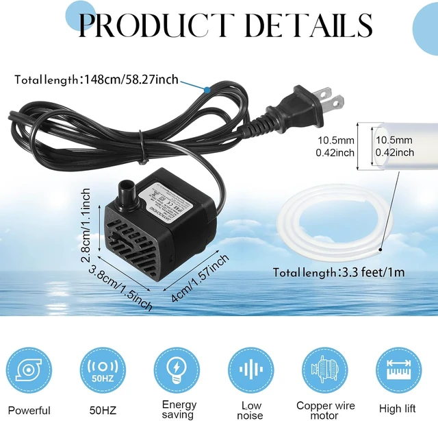 Alt view image 2 of 7 - 12 Set Mini Fountain Pump 50 GPH 3W Small Submersible Water Pump with 3.3 ft Tube Electric Quiet Aquarium aspirator for Fish Tank, Pond, Pool, Aquariums, Pet Fountain Hydroponics
