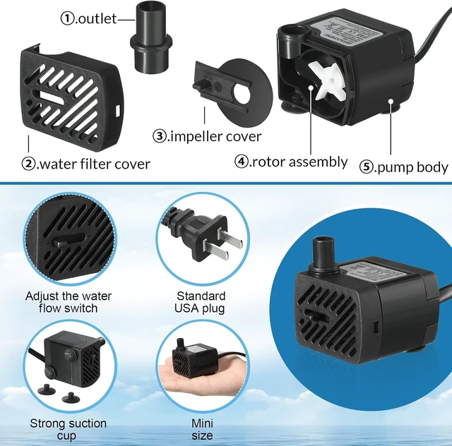 Alt view image 3 of 7 - 12 Set Mini Fountain Pump 50 GPH 3W Small Submersible Water Pump with 3.3 ft Tube Electric Quiet Aquarium aspirator for Fish Tank, Pond, Pool, Aquariums, Pet Fountain Hydroponics