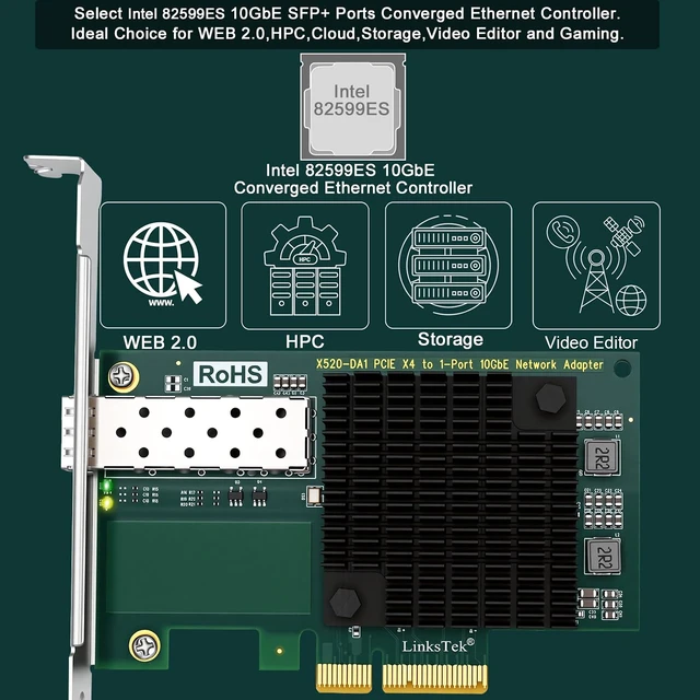 Alt view image 2 of 7 - 10Gb/s SFP+ Fiber Port Ethernet Adapter for NAS & Desktop PCs. PCIE x4 Interface to 10Gb/s SFP+ Fiber Port NIC Card for Gaming, 82599ES 10GbE Ethernet Controller (X520-DA1)