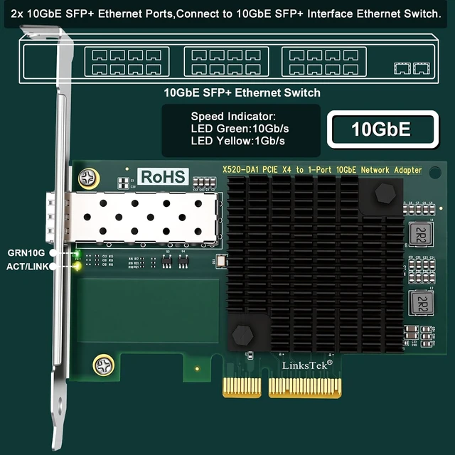 Alt view image 3 of 7 - 10Gb/s SFP+ Fiber Port Ethernet Adapter for NAS & Desktop PCs. PCIE x4 Interface to 10Gb/s SFP+ Fiber Port NIC Card for Gaming, 82599ES 10GbE Ethernet Controller (X520-DA1)