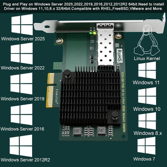 Alt view image 5 of 7 - 10Gb/s SFP+ Fiber Port Ethernet Adapter for NAS & Desktop PCs. PCIE x4 Interface to 10Gb/s SFP+ Fiber Port NIC Card for Gaming, 82599ES 10GbE Ethernet Controller (X520-DA1)