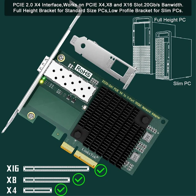 Alt view image 7 of 7 - 10Gb/s SFP+ Fiber Port Ethernet Adapter for NAS & Desktop PCs. PCIE x4 Interface to 10Gb/s SFP+ Fiber Port NIC Card for Gaming, 82599ES 10GbE Ethernet Controller (X520-DA1)