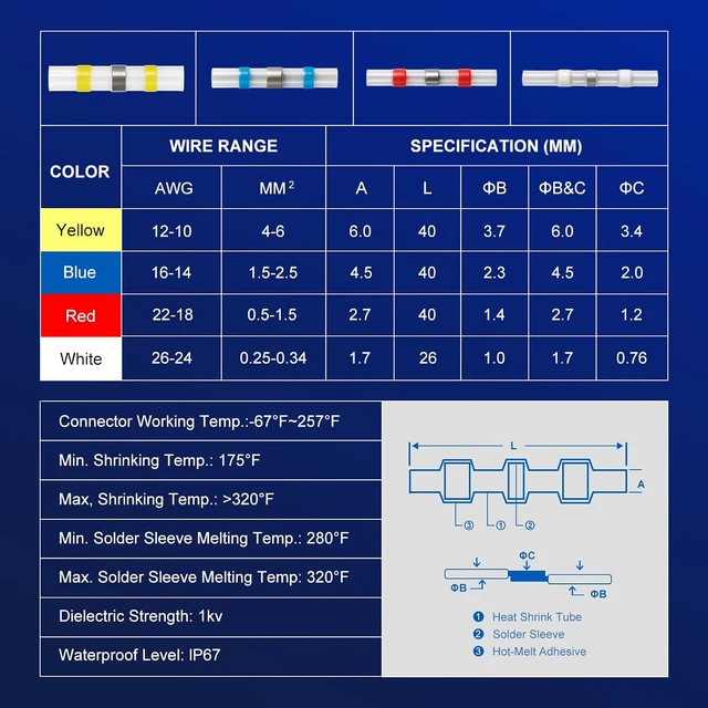 Alt view image 4 of 7 - 800pcs Waterproof Solder Seal Wire Connectors - Heat Shrink Self-Soldering Electrical Connectors Kit for Automotive Marine (26-10 AWG, 4 Sizes) (800PCS)