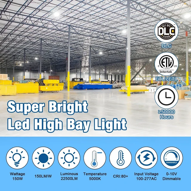 Alt view image 2 of 7 - LED High Bay Lights Super Bright 150W 22500LM Dimmable AC100-277V 5000K DLC/ETL Listed 6ft with US Plug