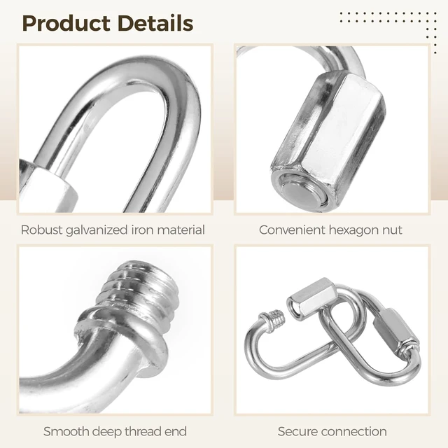 Alt view image 3 of 5 - 100 Pack M6 1/4 Inch Zinc Alloy Quick Links, D-Shaped Locking Chain Repair Links, Screw Lock Connectors for Chains, Ropes, Pet Leashes