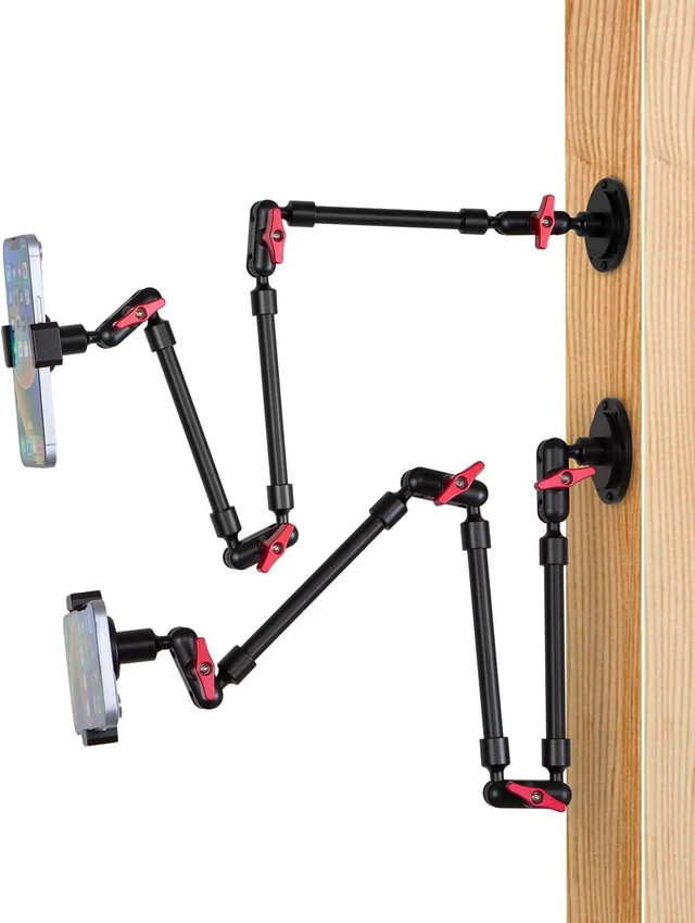 Main image of Wall Mounted Phone Holder Magic Arm 360° Rotation Adjustable Metal Base Screw in Wall Sturdy for Kitchen Bedroom Home 32 Inch Metal Phone Clip