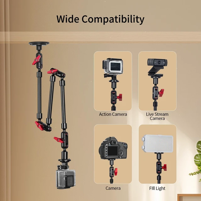 Alt view image 2 of 7 - Wall Mounted Phone Holder Magic Arm 360° Rotation Adjustable Metal Base Screw in Wall Sturdy for Kitchen Bedroom Home 32 Inch Metal Phone Clip