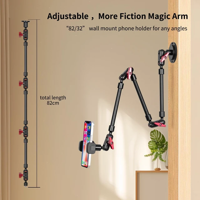 Alt view image 6 of 7 - Wall Mounted Phone Holder Magic Arm 360° Rotation Adjustable Metal Base Screw in Wall Sturdy for Kitchen Bedroom Home 32 Inch Metal Phone Clip