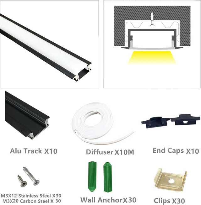 Alt view image 3 of 7 - 10-Pack 3.3FT Recessed Strip Black Channel With Continuous Silicone Diffuser , Flexible Seamless Milky Cover LED Ribbon Tape Track, Wardrobe Bookcase Cabinet Embedded Aluminum Low Profile (10, Black)