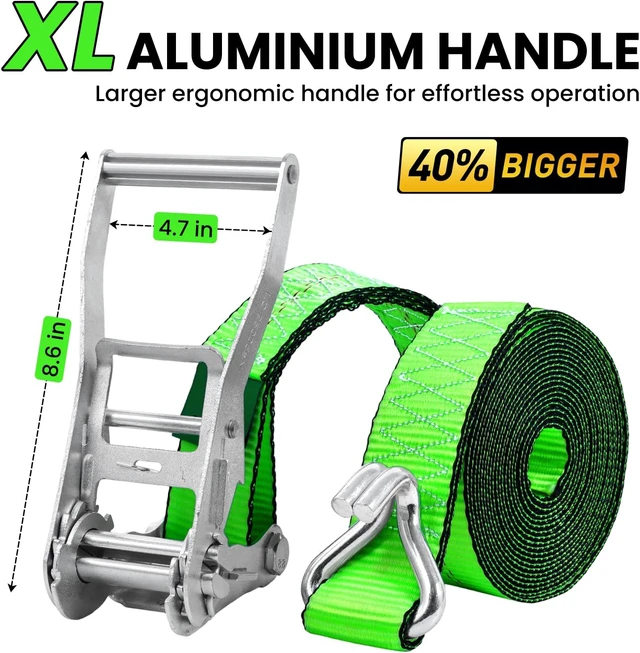 Alt view image 2 of 7 - 2"x20' Ratchet Straps with J Hooks - 10,000lb Break Strength/ 3,333lb Load Capacity Ratchet Tie Down Strap - Ratchet Straps Heavy Duty - Cargo Straps for Truck, Lawn Equipment, Car Roof, 4 Pack(Green)