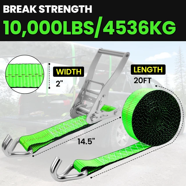 Alt view image 4 of 7 - 2"x20' Ratchet Straps with J Hooks - 10,000lb Break Strength/ 3,333lb Load Capacity Ratchet Tie Down Strap - Ratchet Straps Heavy Duty - Cargo Straps for Truck, Lawn Equipment, Car Roof, 4 Pack(Green)