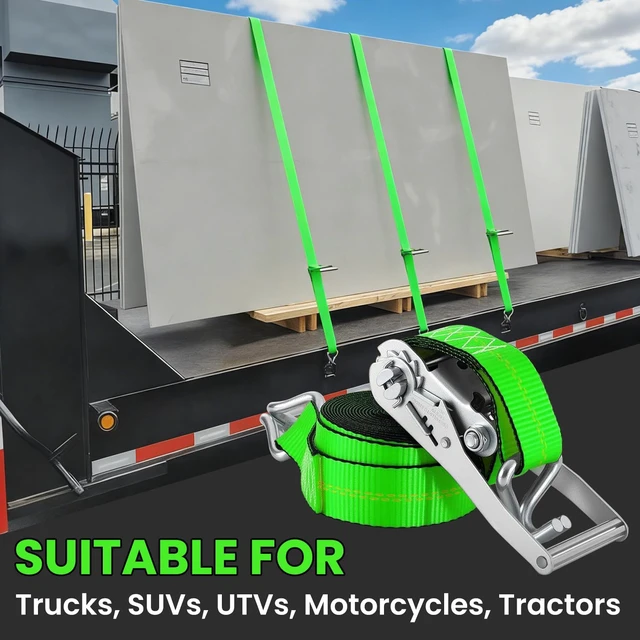 Alt view image 6 of 7 - 2"x20' Ratchet Straps with J Hooks - 10,000lb Break Strength/ 3,333lb Load Capacity Ratchet Tie Down Strap - Ratchet Straps Heavy Duty - Cargo Straps for Truck, Lawn Equipment, Car Roof, 4 Pack(Green)