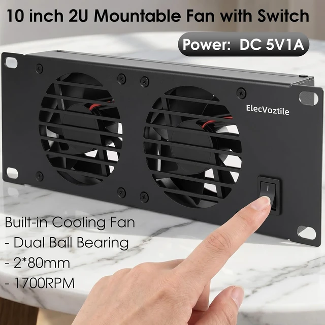 Alt view image 2 of 5 - 10 inch 2U Rack Mount Fan Panel with Switch, Metal Case