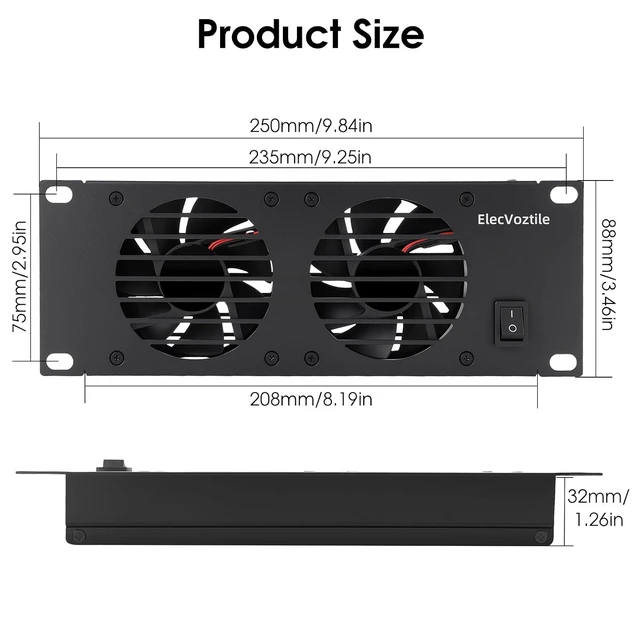 Alt view image 4 of 5 - 10 inch 2U Rack Mount Fan Panel with Switch, Metal Case