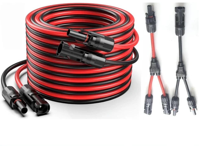Main image of 2pcs 30FT 10AWG Solar Panel Extension Cable, 6mm² Solar Extension Cable Wire with Female & Male Waterproof Connectors with Extra 2pcs mc4 y connectors Adaptor Kit for RV, Photovoltaic Systems